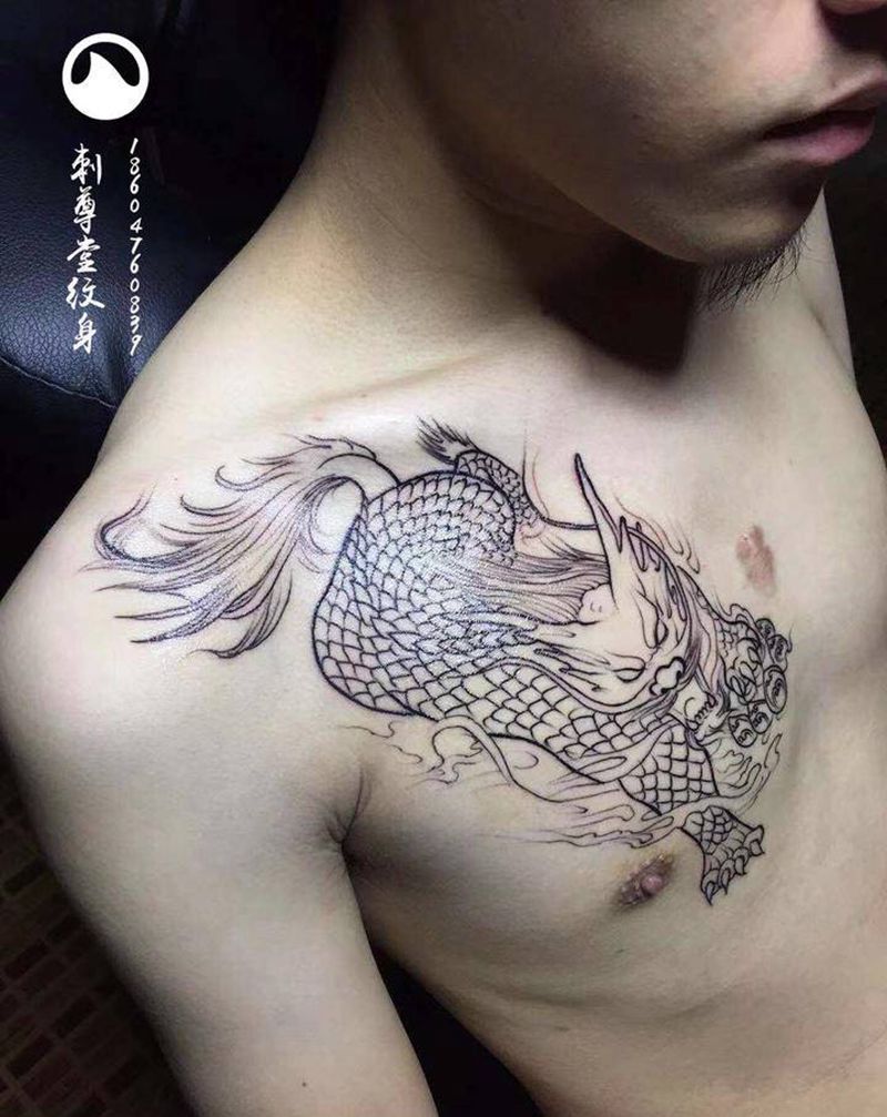 神兽纹身图片_胸部老传统纹身图案