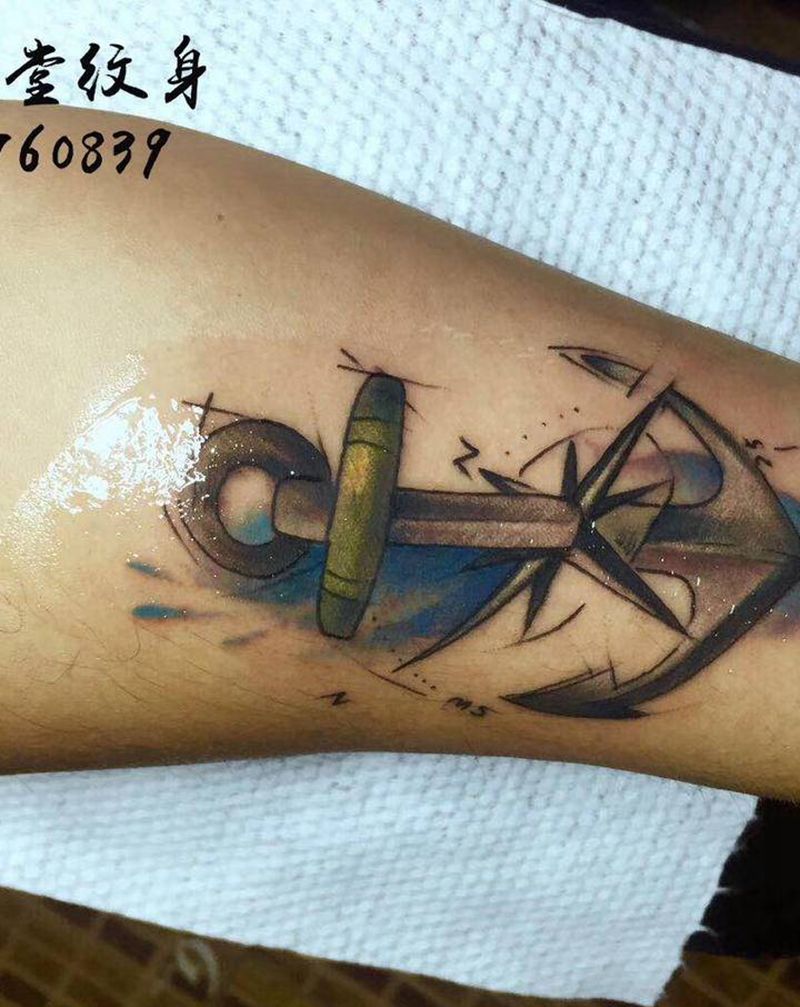 船锚纹身图片_腿部欧美写实纹身图案