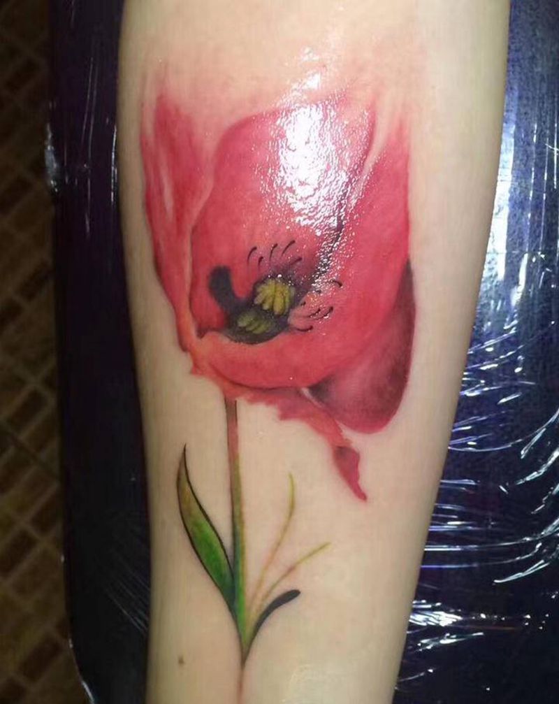 罂粟花纹身图片_手臂水彩纹身图案