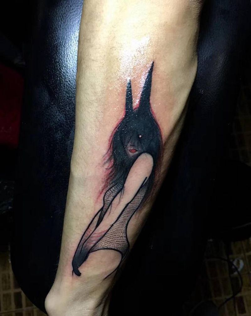 小妖纹身图片_手臂水彩水墨纹身图案