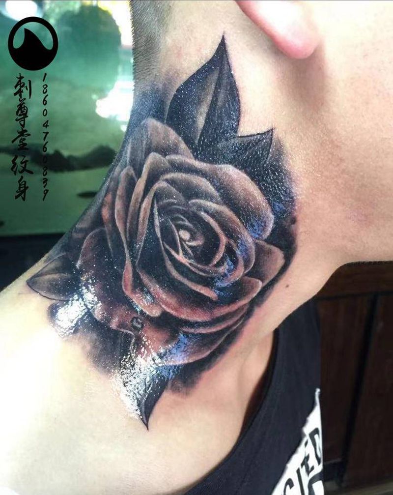 刺尊堂纹身-玫瑰纹身图片_颈部欧美写实纹身图案