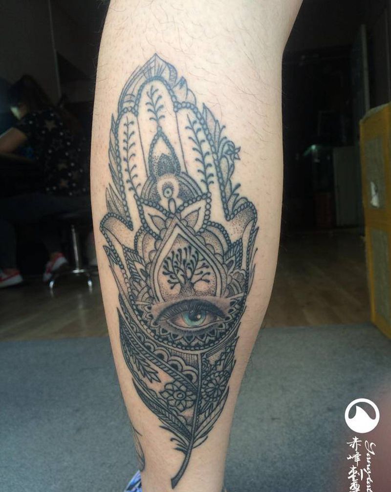 赤峰刺尊堂纹身图片_腿部几何点刺纹身图案