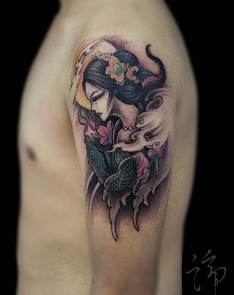 艺妓纹身图片_手臂新传统艺妓蛇纹身图案