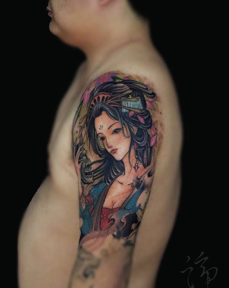 鬼姬纹身图片_手臂新传统艺妓鬼姬美女纹身图案