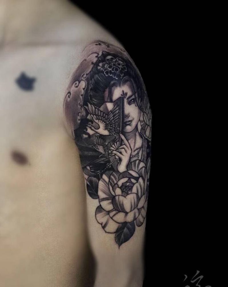 艺妓纹身图片_手臂新传统牡丹艺妓赤峰纹身图案