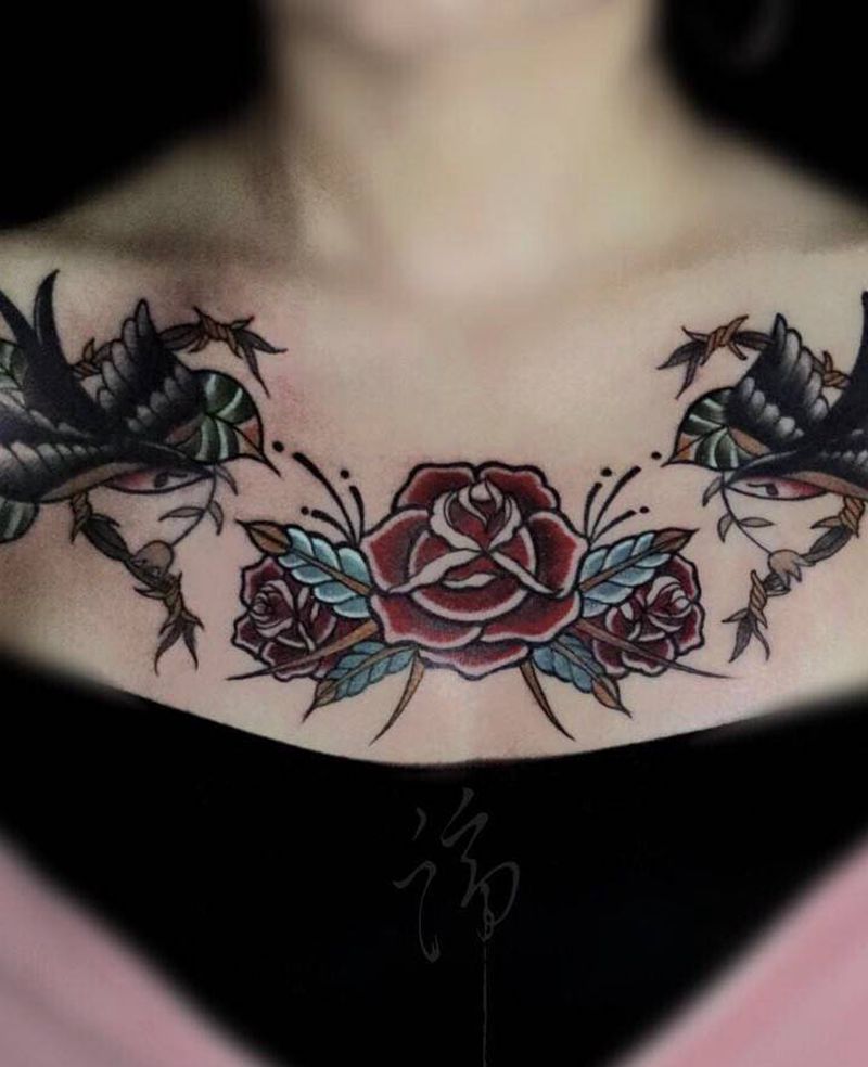 Old School纹身图片_胸部Old SchoolOld School燕子玫瑰花纹身图案