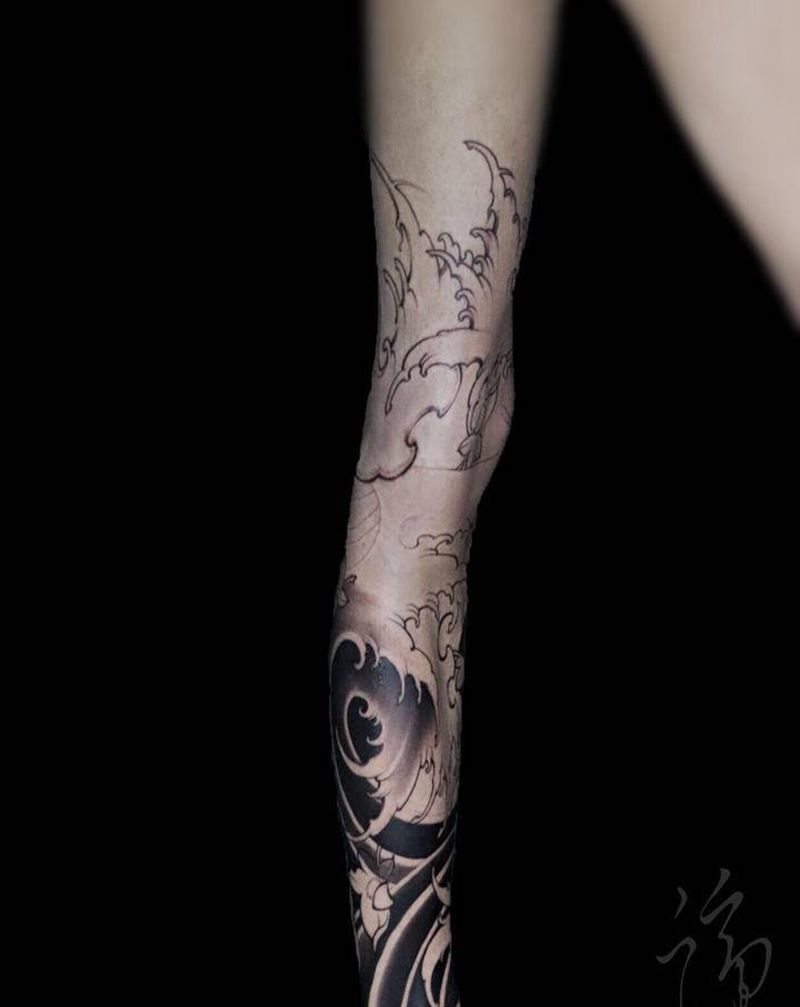 花腿浪纹身图片_腿部新传统浪腿 花腿浪浪花纹身图案