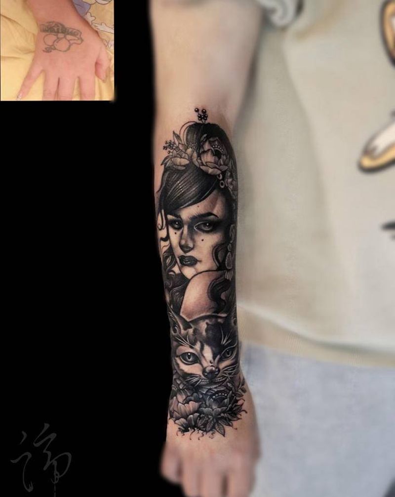 欧美暗黑·女纹身图片_手臂欧美写实New School欧美暗黑猫咪school纹身图案