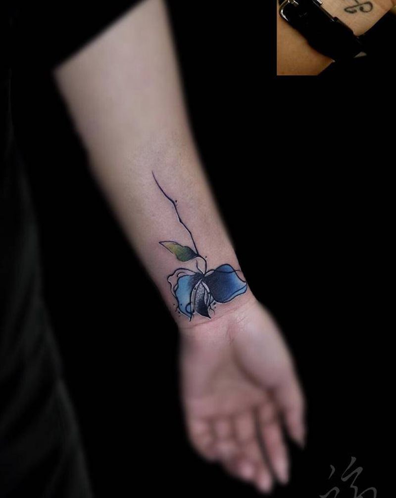 花纹身图片_手臂水彩水墨花遮盖覆盖纹身图案