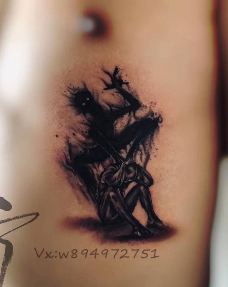 朽纹身图片_腹部新传统暗黑恶魔纹身图案