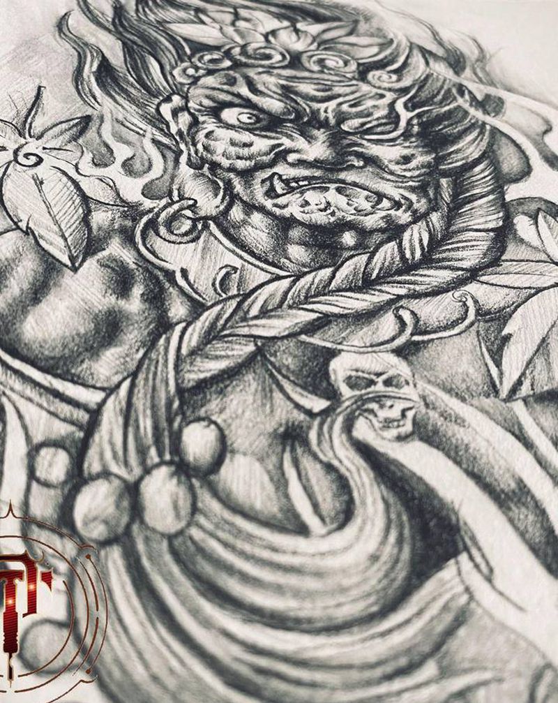 不动明王纹身图片_背部手臂新传统不动明王纹身图案