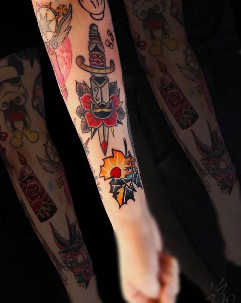 School 风花臂纹身图片_手臂Old SchoolNew School花臂赤峰纹身图案