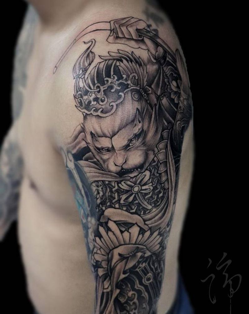 孙悟空纹身图片_手臂新传统斗战胜佛花臂孙悟空纹身图案