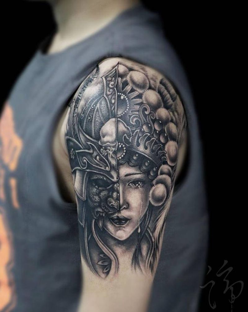 善恶纹身图片_手臂新传统人前人后艺妓善恶纹身图案