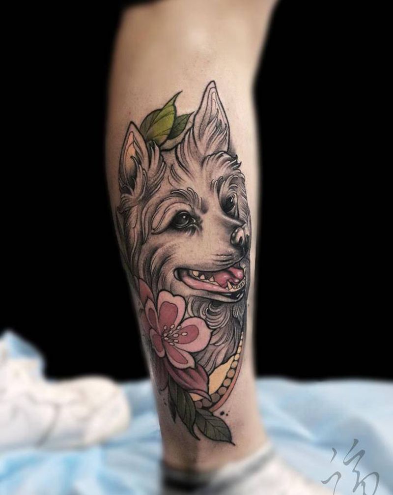 狗狗纹身图片_腿部New SchoolOld School狗狗狗毛孩子纹身图案