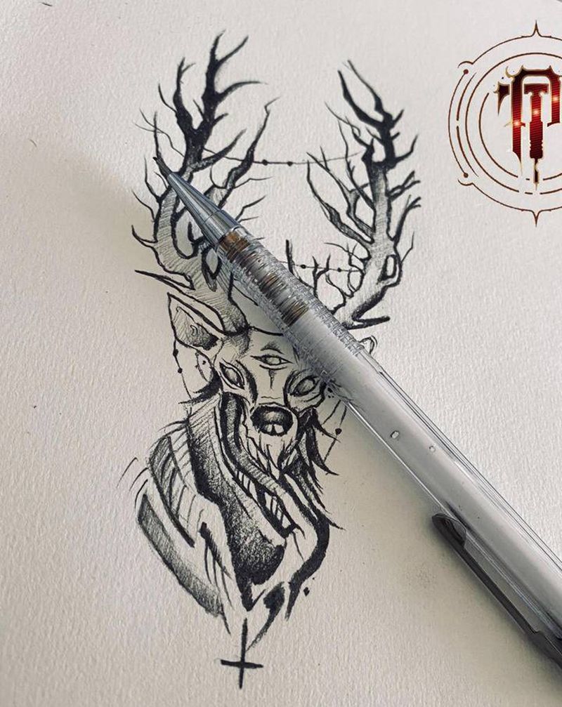 鹿纹身图片_手臂新传统鹿纹身图案