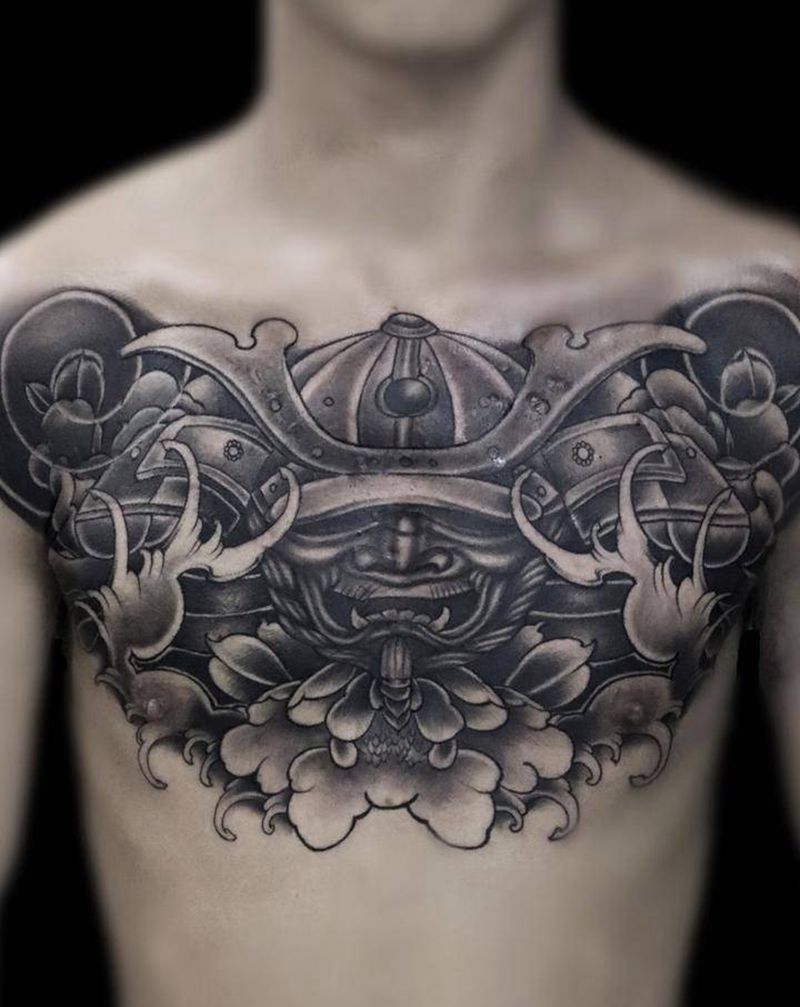 鬼武士纹身图片_胸部新传统鬼武士花胸覆盖纹身图案