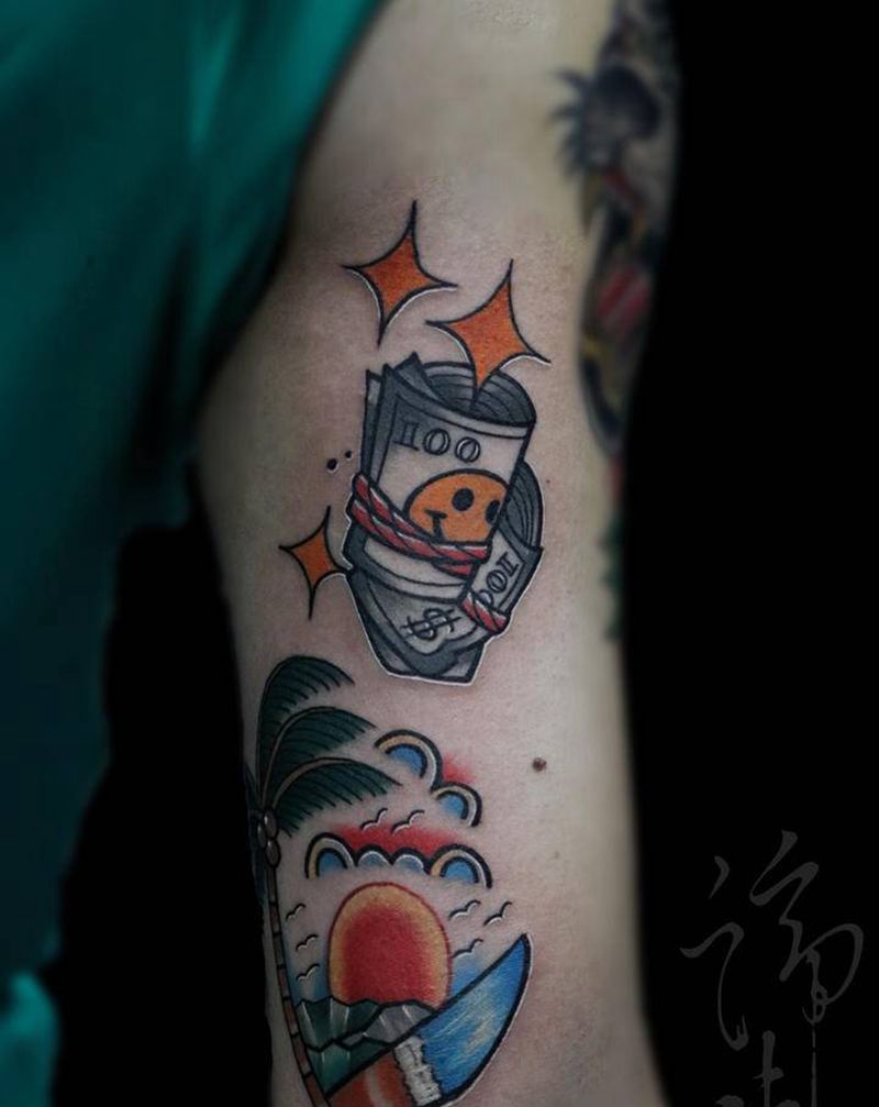 Old school纹身图片_手臂Old School山水金钱Old school纹身图案