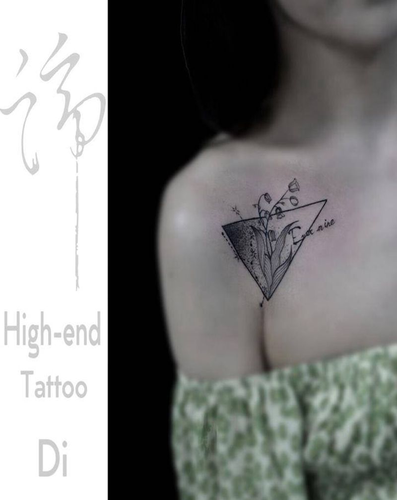 铃兰花纹身图片_肩部几何铃兰花金牛座锁骨纹身图案