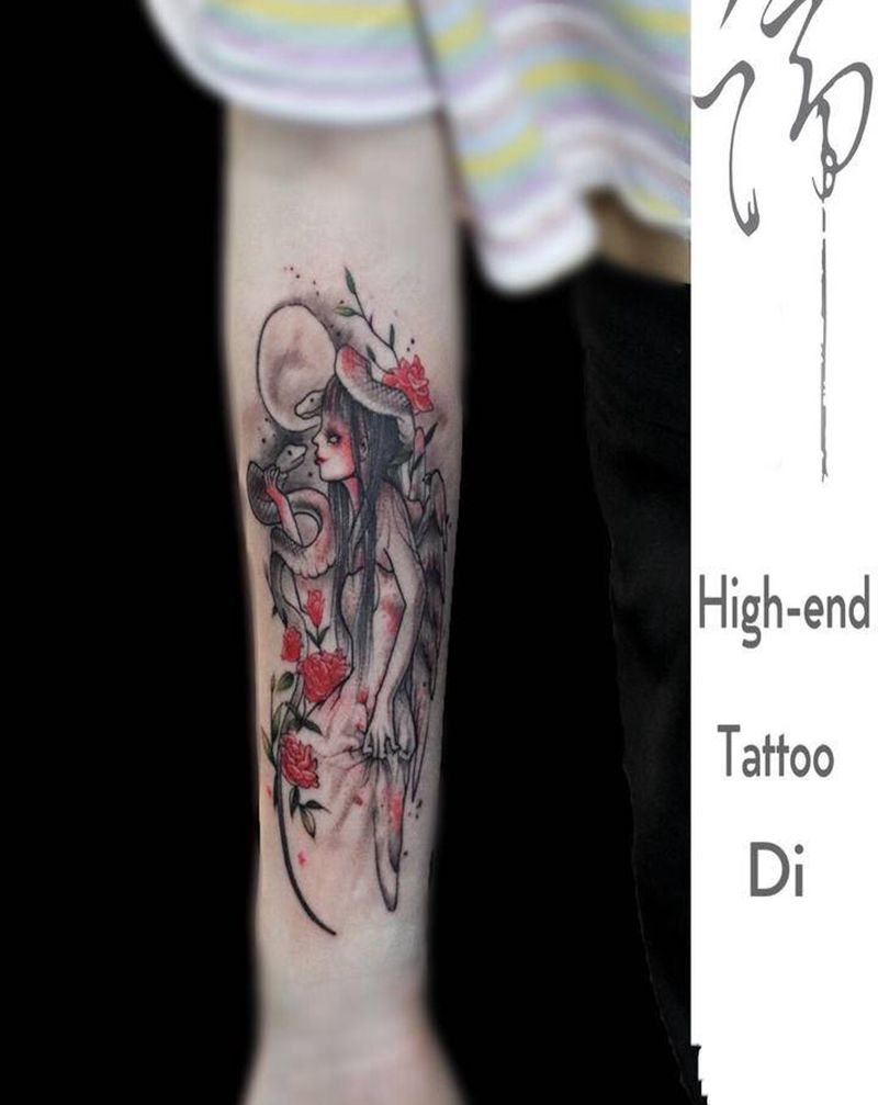 女孩纹身图片_手臂水彩女孩 小清新纹身图案