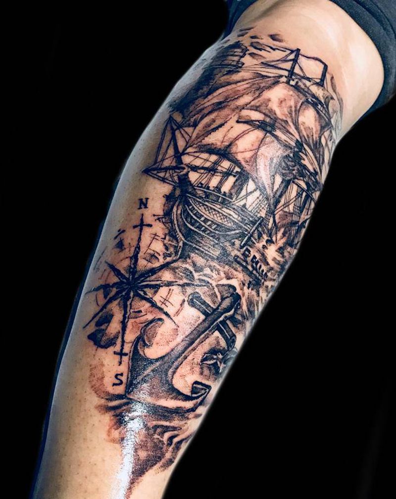 帆船纹身图片_腿部欧美写实点刺纹身图案