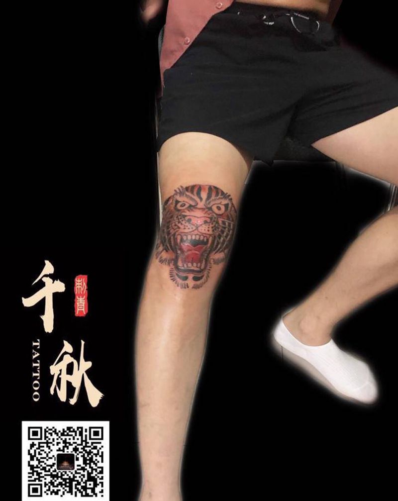 老虎纹身图片_腿部Old School纹身图案