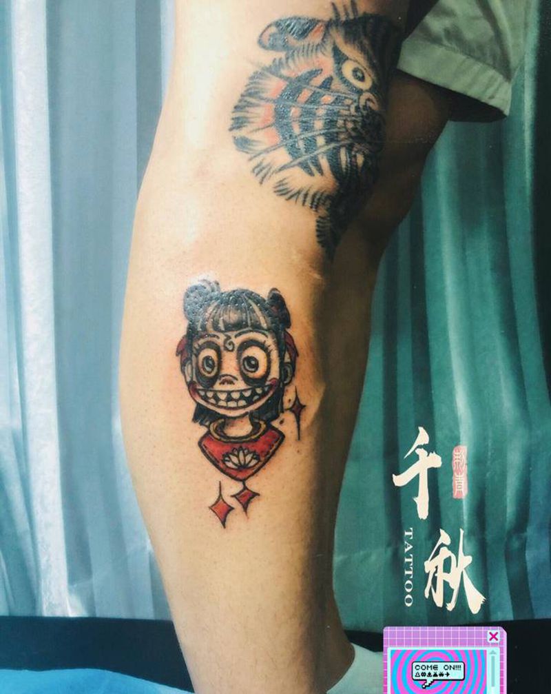 哪吒纹身图片_腿部Old School纹身图案