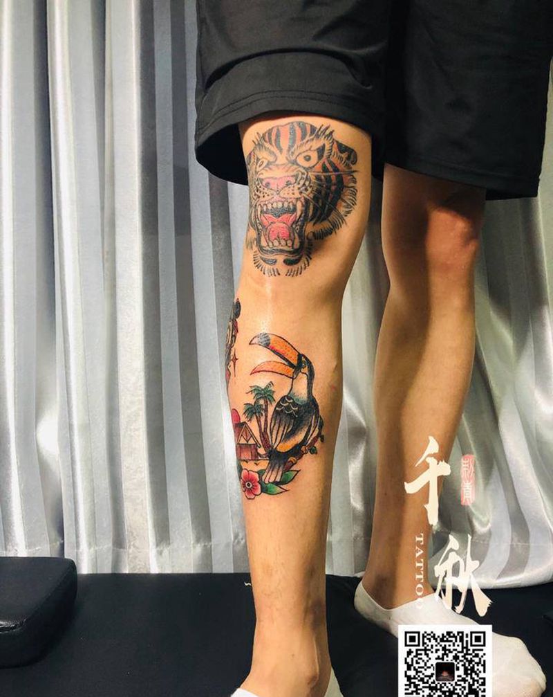 鸟纹身图片_腿部Old School纹身图案