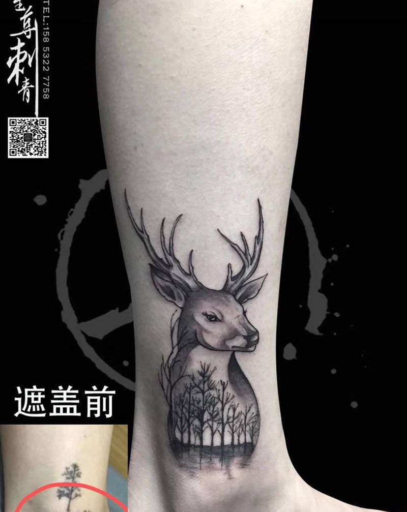 遮盖作品纹身图片_腿部点刺鹿纹身图案
