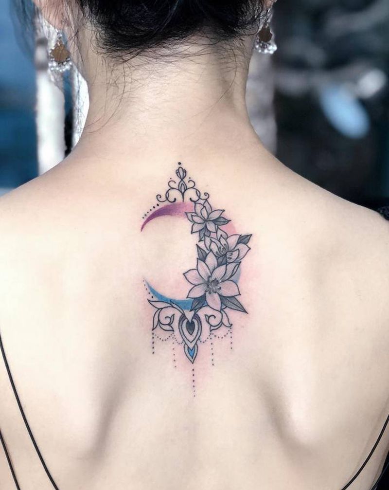 素花纹身图片_颈部腰部老传统花体字纹身图案