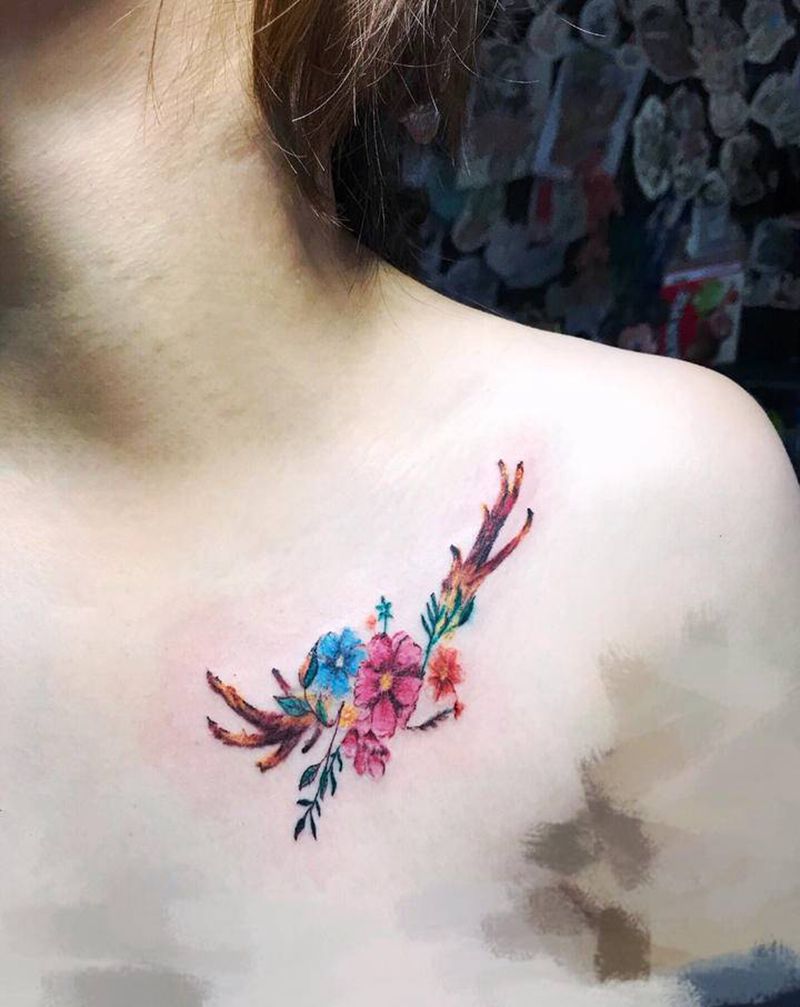 鹿角生花纹身图片_肩部New School花鹿角纹身图案