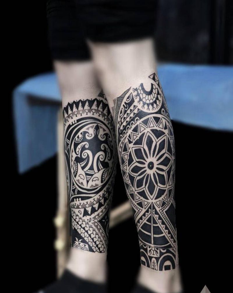 玛雅图腾纹身图片_腿部图腾图腾包小腿赤峰纹身图案