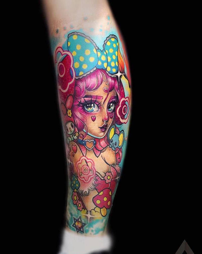 娃娃纹身纹身图片_腿部欧美写实New School娃娃美女可爱纹身图案