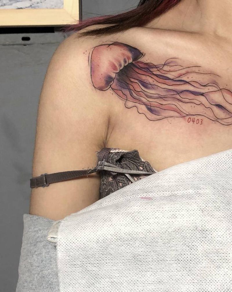 水母纹身图片_肩部水彩New School纹身图案