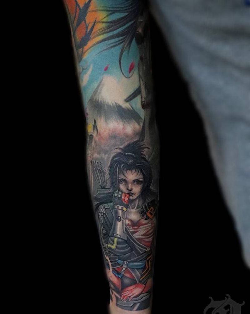 武士纹身图片_手臂欧美写实富士山动漫人物彩色纹身图案