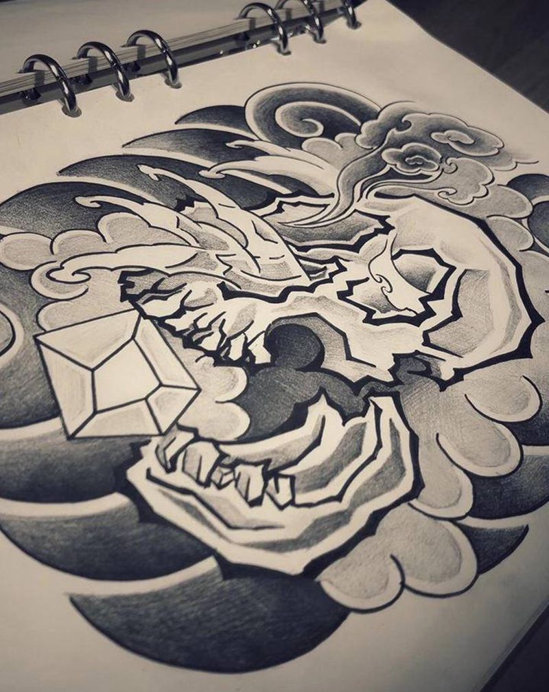 财纹身图片_腿部胸部老传统骷髅纹身图案