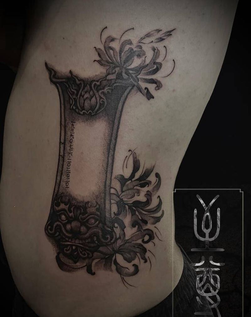 石碑纹身图片_腹部新传统纹身图案