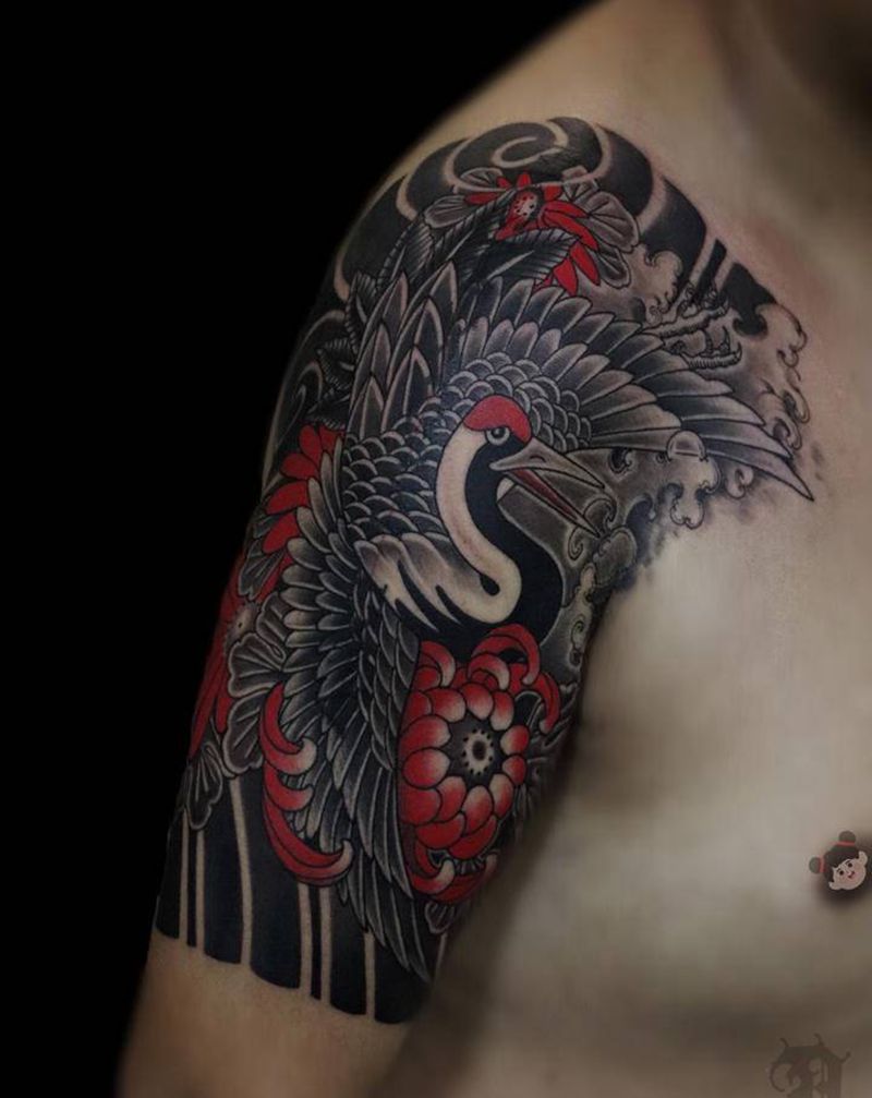 仙鹤纹身纹身图片_手臂老传统仙鹤老传统仙鹤纹身图案