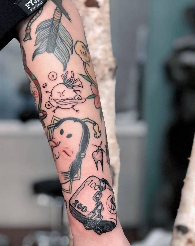 拼接纹身图片_手臂新传统老传统纹身图案