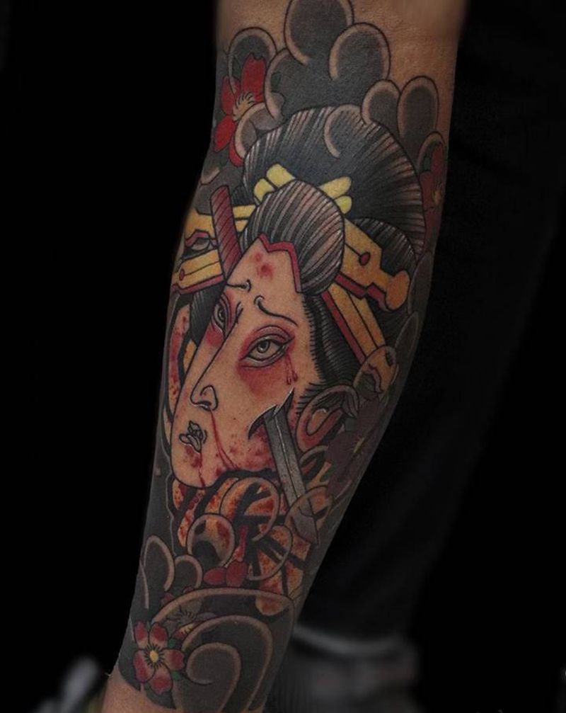 日式生首纹身图片_腿部老传统日式生首日式小腿纹身图案