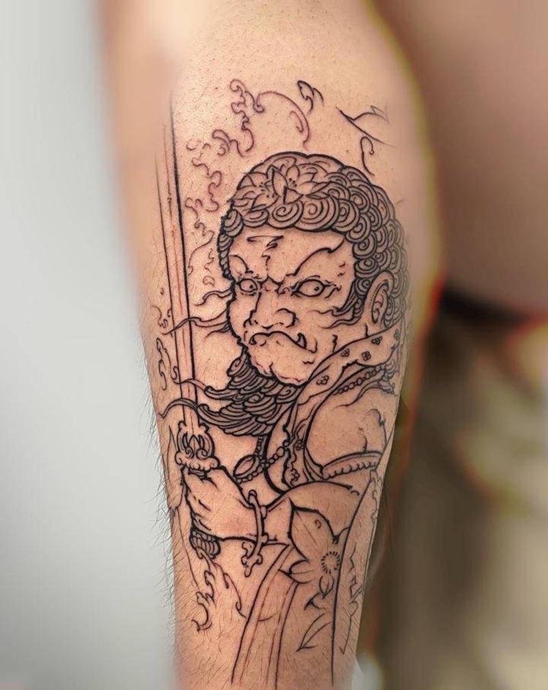 不动明王纹身图片_腿部新传统不动明王腿部纹身图案