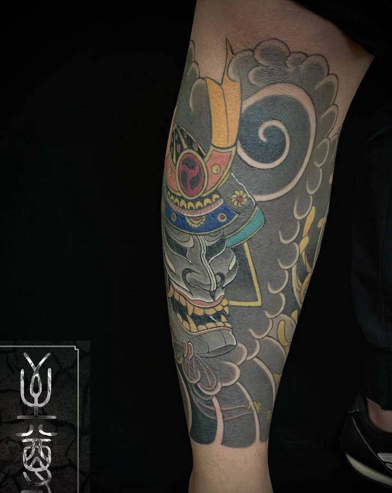 日式包小腿纹身图片_腿部老传统鬼武士菊花达摩蛋纹身图案