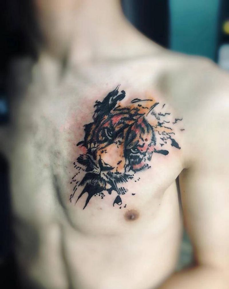 老虎纹身图片_水彩水墨纹身图案