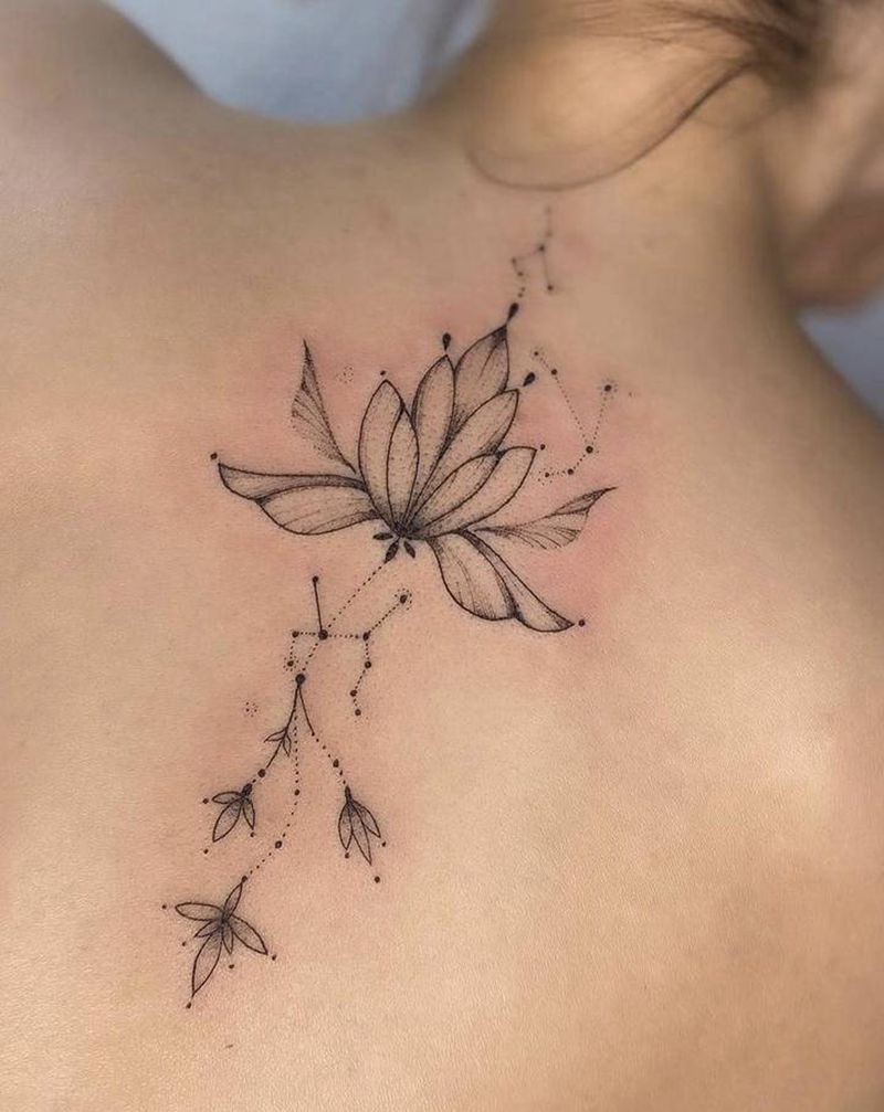 精致小活~繁花纹身图片_背部几何点刺繁花素花背部纹身图案