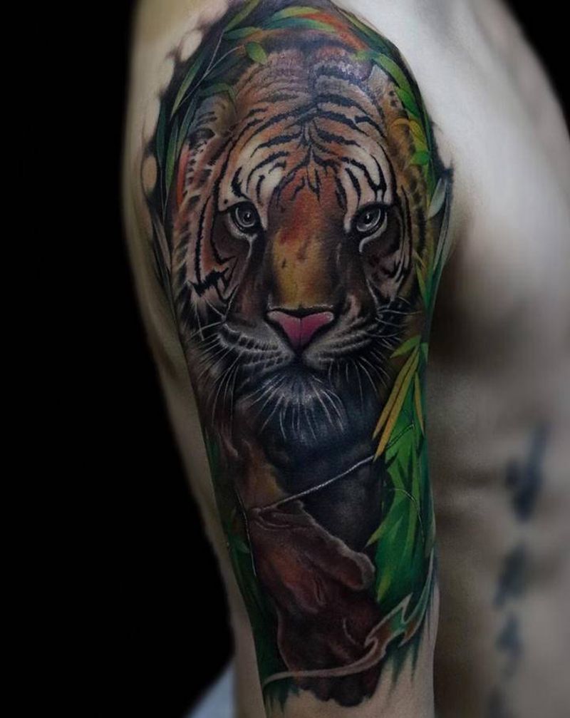 彩色花臂纹身图片_手臂新传统老虎彩色花臂貔貅纹身图案