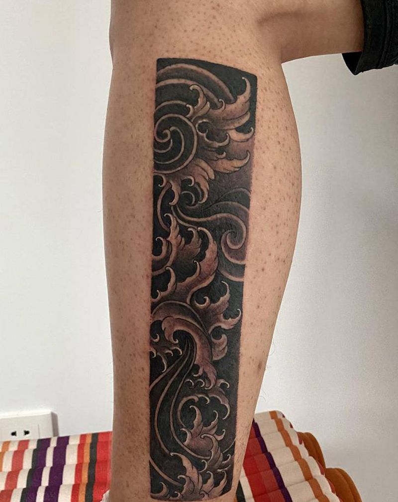 传统浪花纹身图片_腿部新传统浪花臂环腿部纹身图案