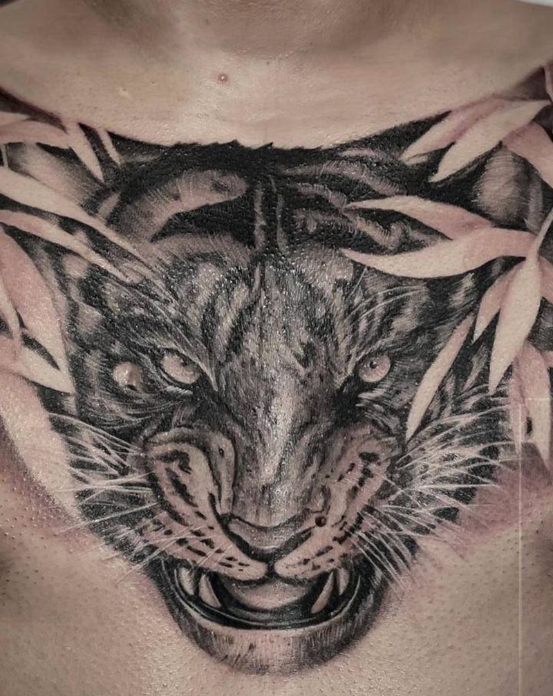 花胸老虎纹身图片_胸部欧美写实虎纹身图案