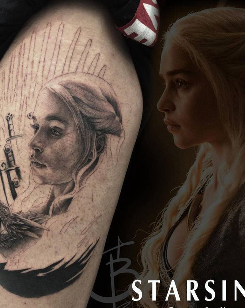 Game of Thrones纹身图片_腿部欧美写实权利的游戏纹身图案