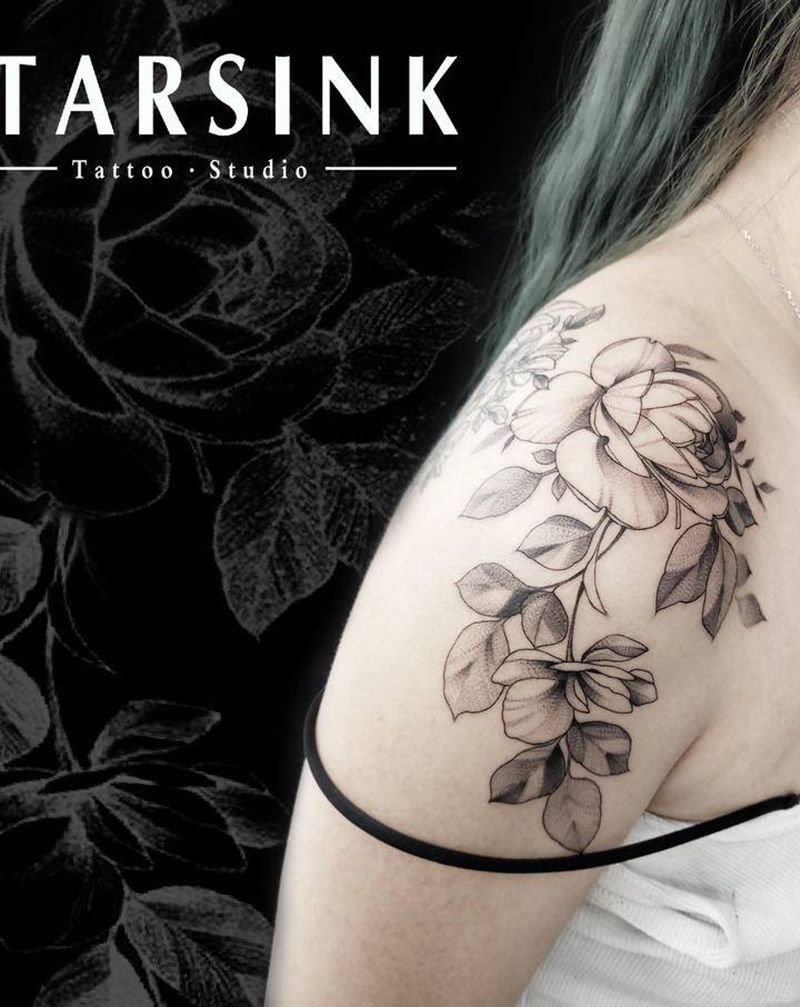 ❀纹身图片_肩部点刺图腾素花纹身图案