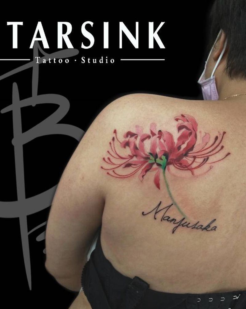 彼岸花纹身图片_背部水彩彼岸花纹身图案